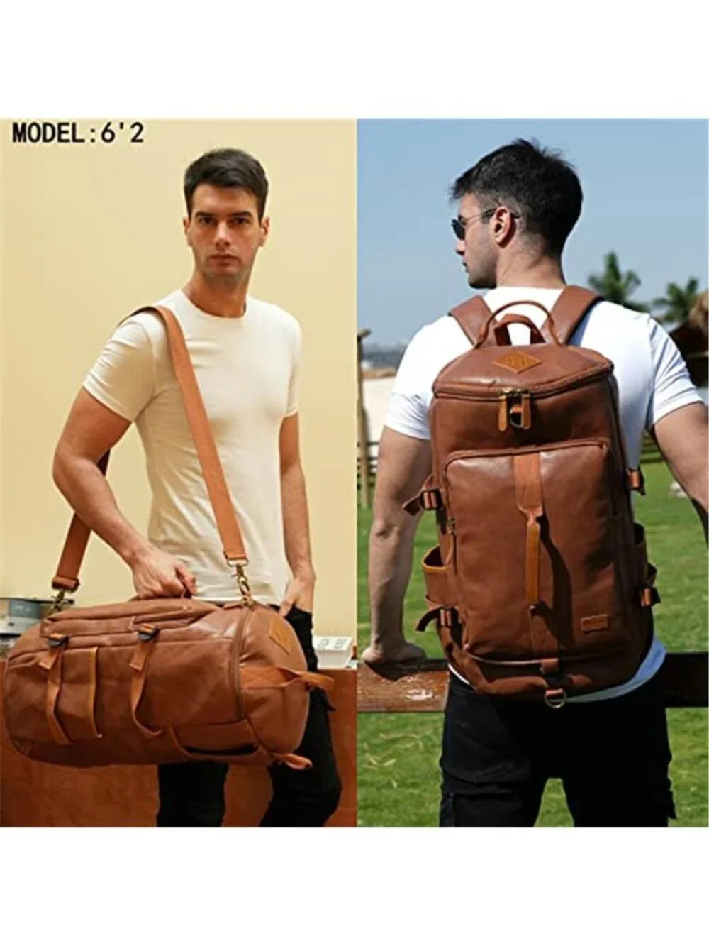 Men's Vegan Leather Weekender Travel Duffel Tote Bag Backpack
